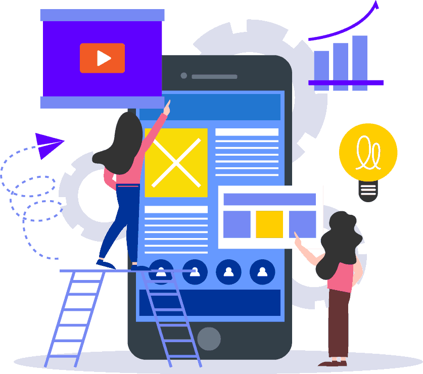 Illustration of two women designing and developing a mobile app interface, with icons representing video content, analytics, and innovation.