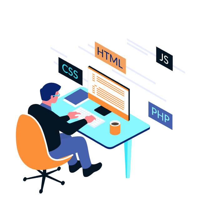 Illustration of a developer coding at a desk, surrounded by programming languages like HTML, CSS, JavaScript, and PHP.
