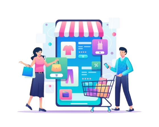 Illustration of a man and woman shopping online using a mobile e-commerce platform, with a digital storefront, shopping cart, and product listings.