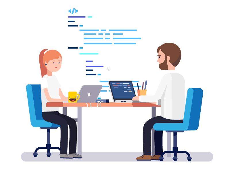 Illustration of a male and female HR at their desks with laptops, showcasing collaboration and JD